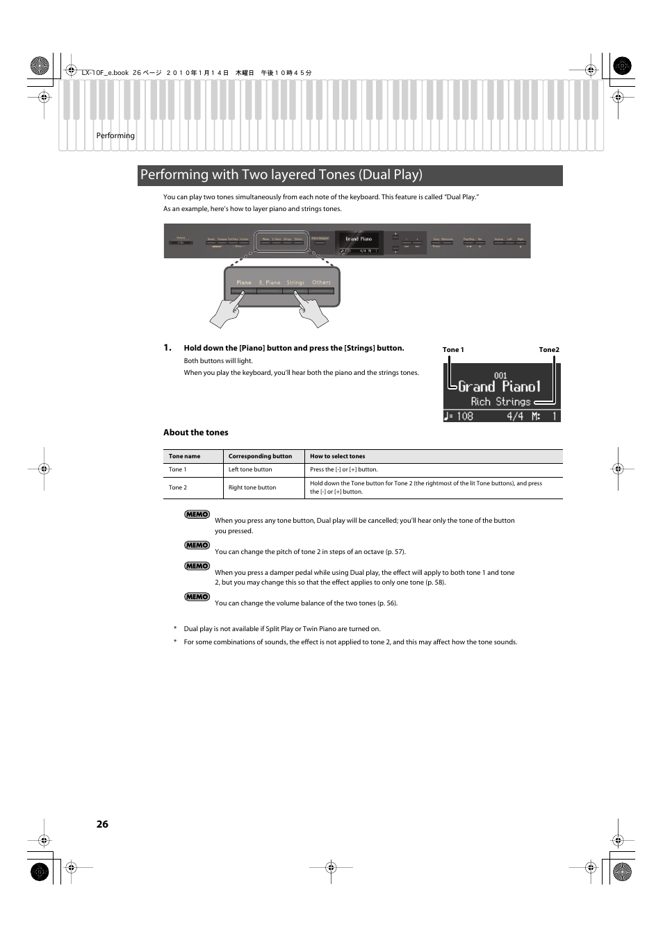 Performing with two layered tones (dual play) | Roland Digital Piano LX-10F User Manual | Page 26 / 88