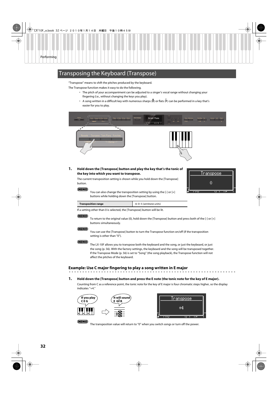 Transposing the keyboard (transpose), Transposing the keyboard (p. 32) | Roland Digital Piano LX-10F User Manual | Page 32 / 88