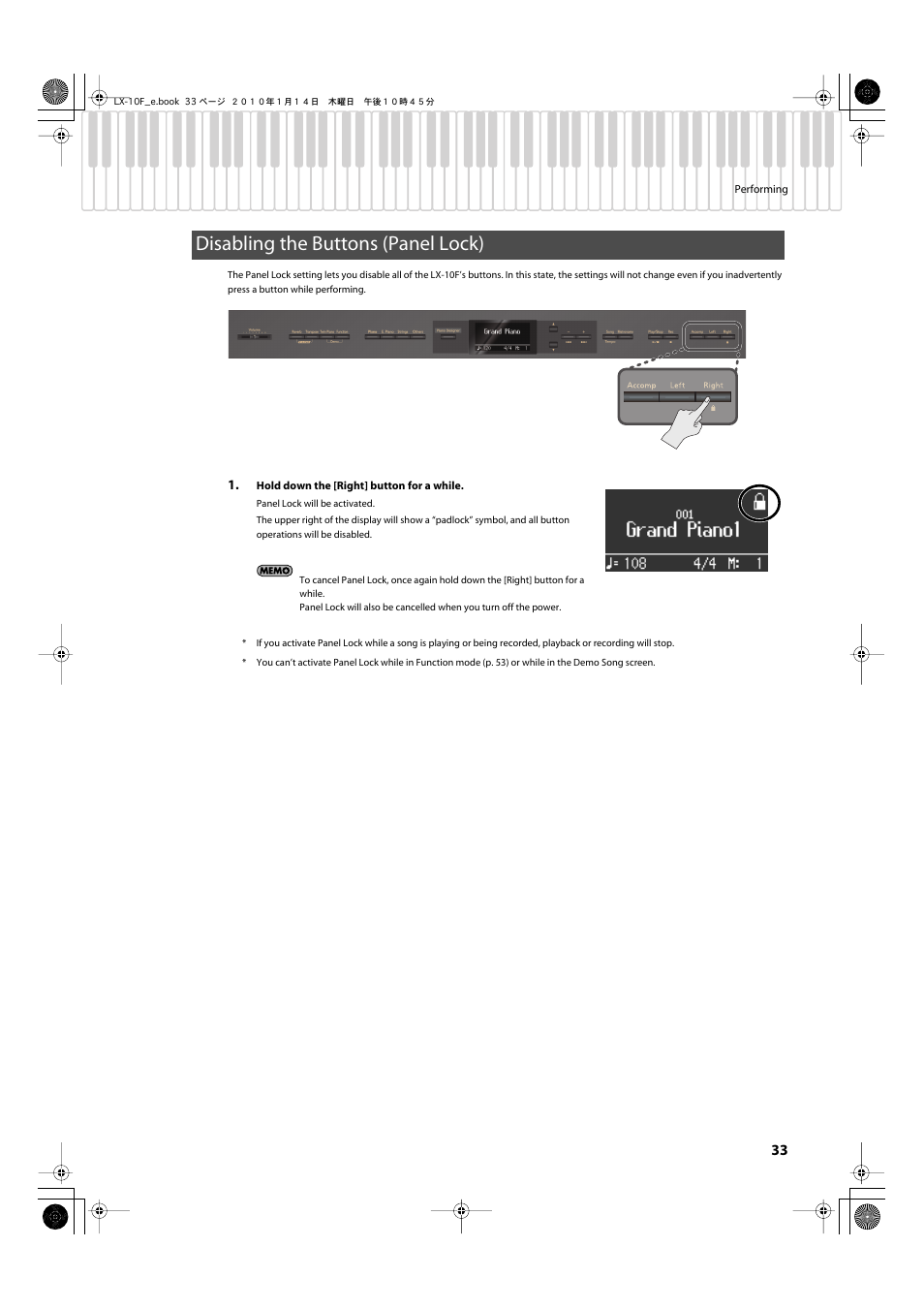 Disabling the buttons (panel lock), Button operations (panel lock) (p. 33) | Roland Digital Piano LX-10F User Manual | Page 33 / 88