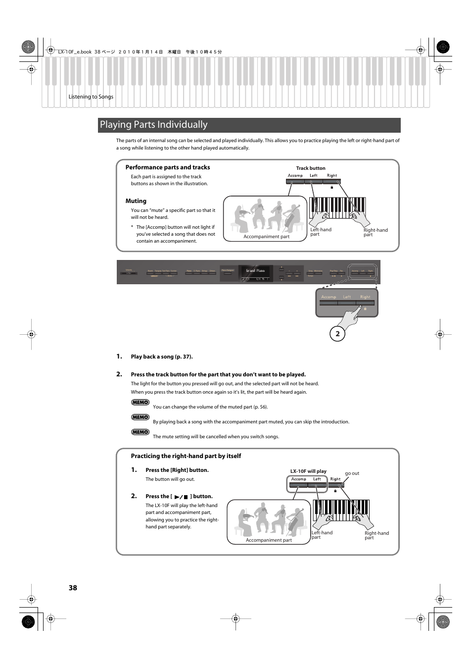 Playing parts individually, Separately for each hand (p. 38 | Roland Digital Piano LX-10F User Manual | Page 38 / 88