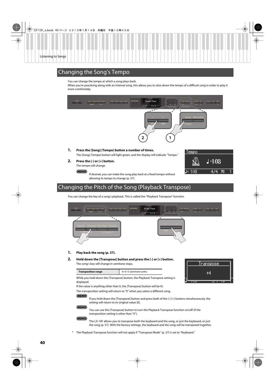Changing the song’s tempo, Transposing the song playback (p. 40) | Roland Digital Piano LX-10F User Manual | Page 40 / 88