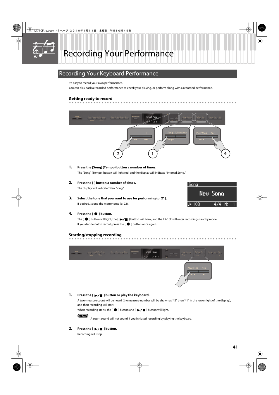 Recording your performance, Recording your keyboard performance, Starts/stops recording of your performance (p. 41) | Lx-10f (p. 41) | Roland Digital Piano LX-10F User Manual | Page 41 / 88