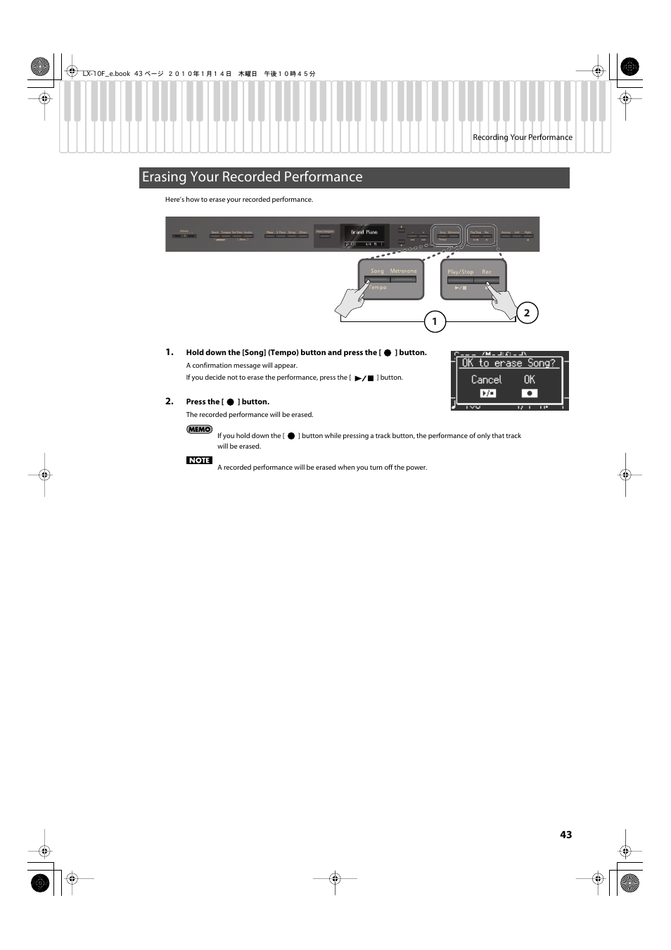 Erasing your recorded performance | Roland Digital Piano LX-10F User Manual | Page 43 / 88