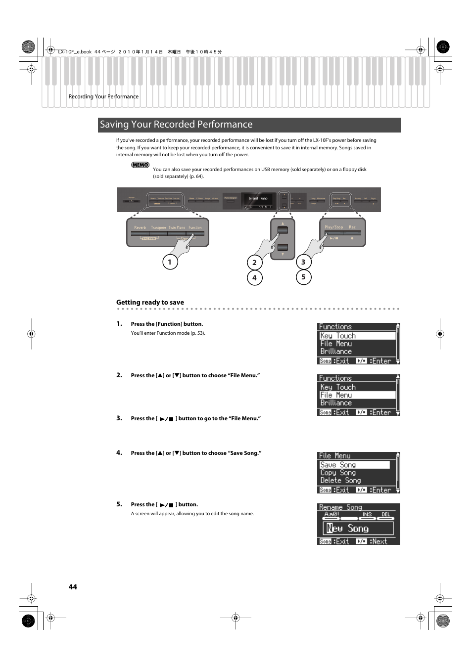 Saving your recorded performance | Roland Digital Piano LX-10F User Manual | Page 44 / 88