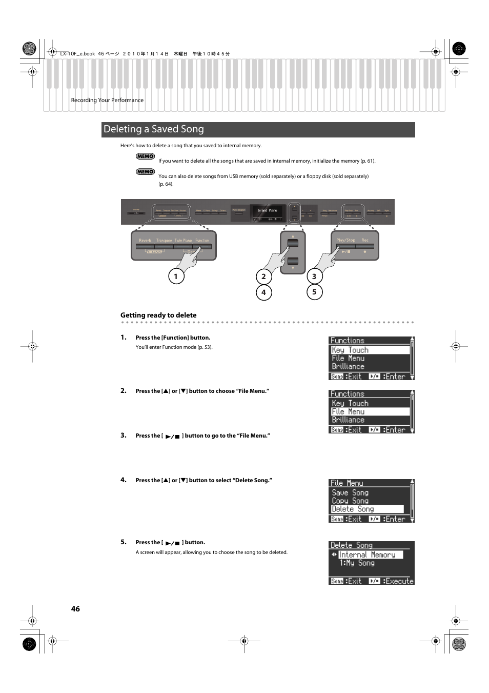 Deleting a saved song | Roland Digital Piano LX-10F User Manual | Page 46 / 88