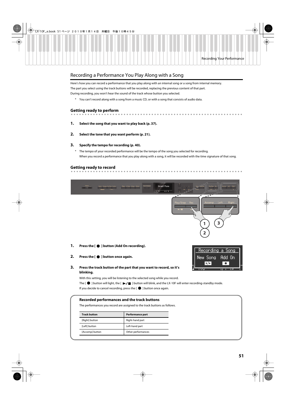 Recording a performance you play along with a song | Roland Digital Piano LX-10F User Manual | Page 51 / 88