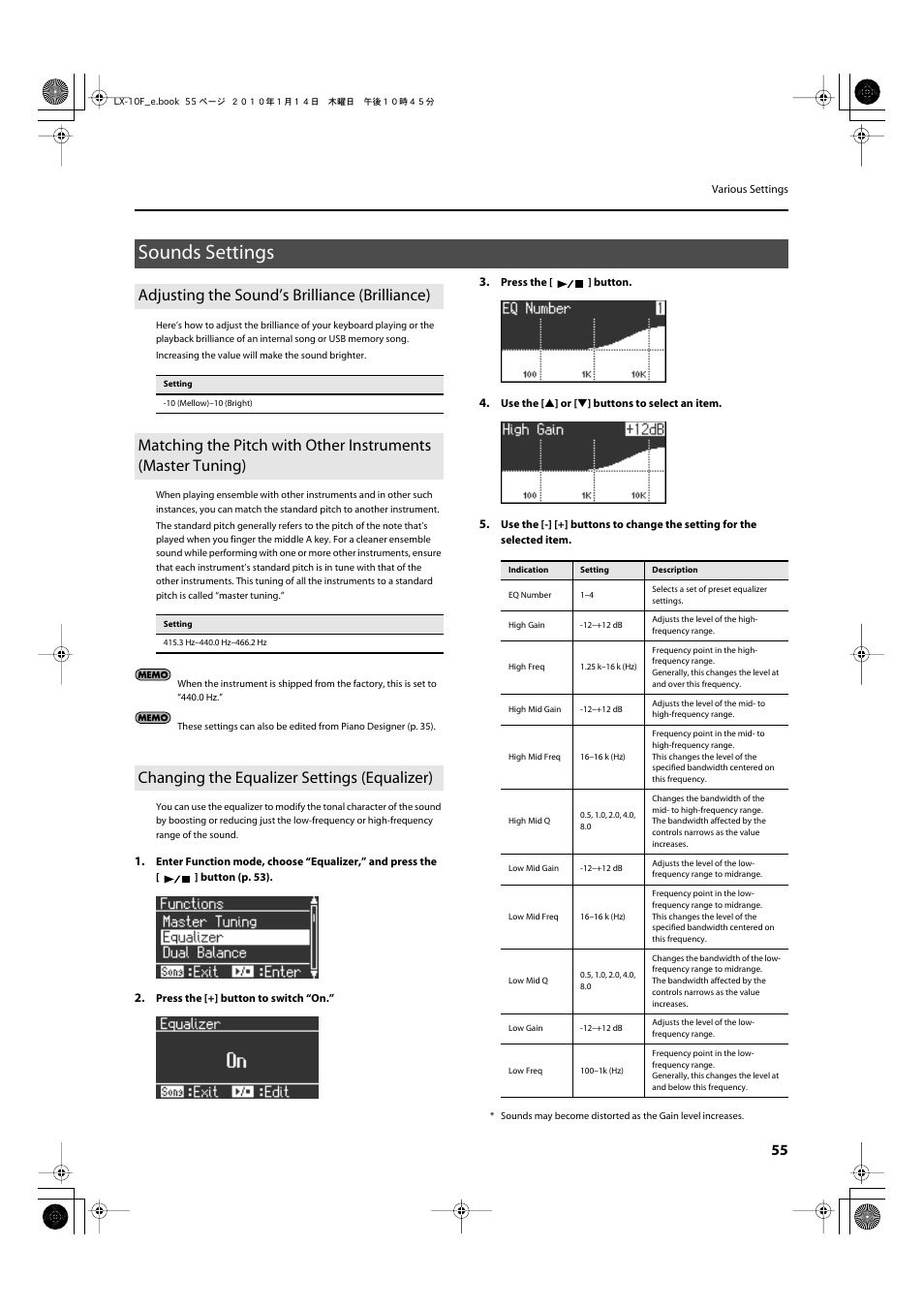 Sounds settings, Adjusting the sound’s brilliance (brilliance), Changing the equalizer settings (equalizer) | P. 55 | Roland Digital Piano LX-10F User Manual | Page 55 / 88
