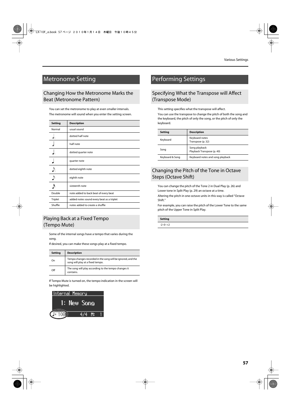 Metronome setting, Playing back at a fixed tempo (tempo mute), Performing settings | Allowing its tempo to change (p. 57), P. 57 | Roland Digital Piano LX-10F User Manual | Page 57 / 88