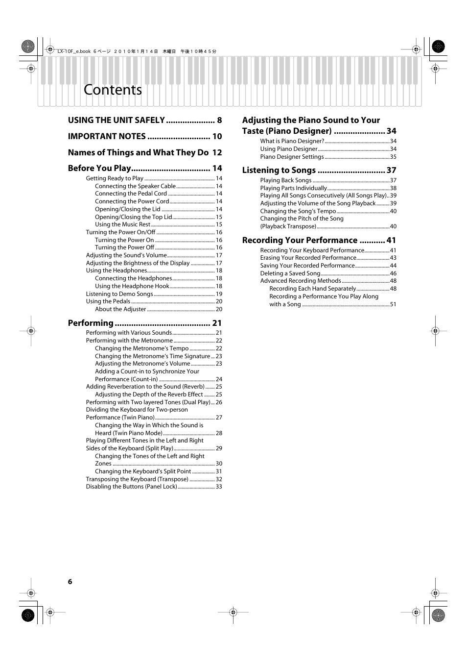Roland Digital Piano LX-10F User Manual | Page 6 / 88