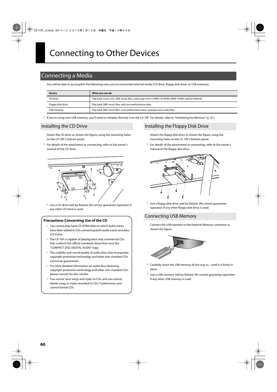 Connecting to other devices, Connecting a media, Installing the cd drive | Installing the floppy disk drive, Connecting usb memory, P. 60) | Roland Digital Piano LX-10F User Manual | Page 60 / 88