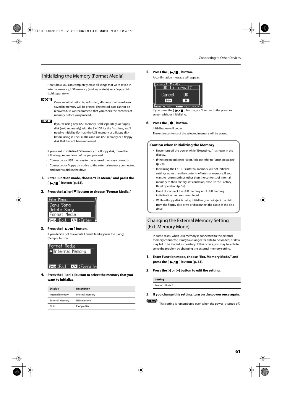 Initializing the memory (format media), P. 61, Media)” (p. 61) | Roland Digital Piano LX-10F User Manual | Page 61 / 88