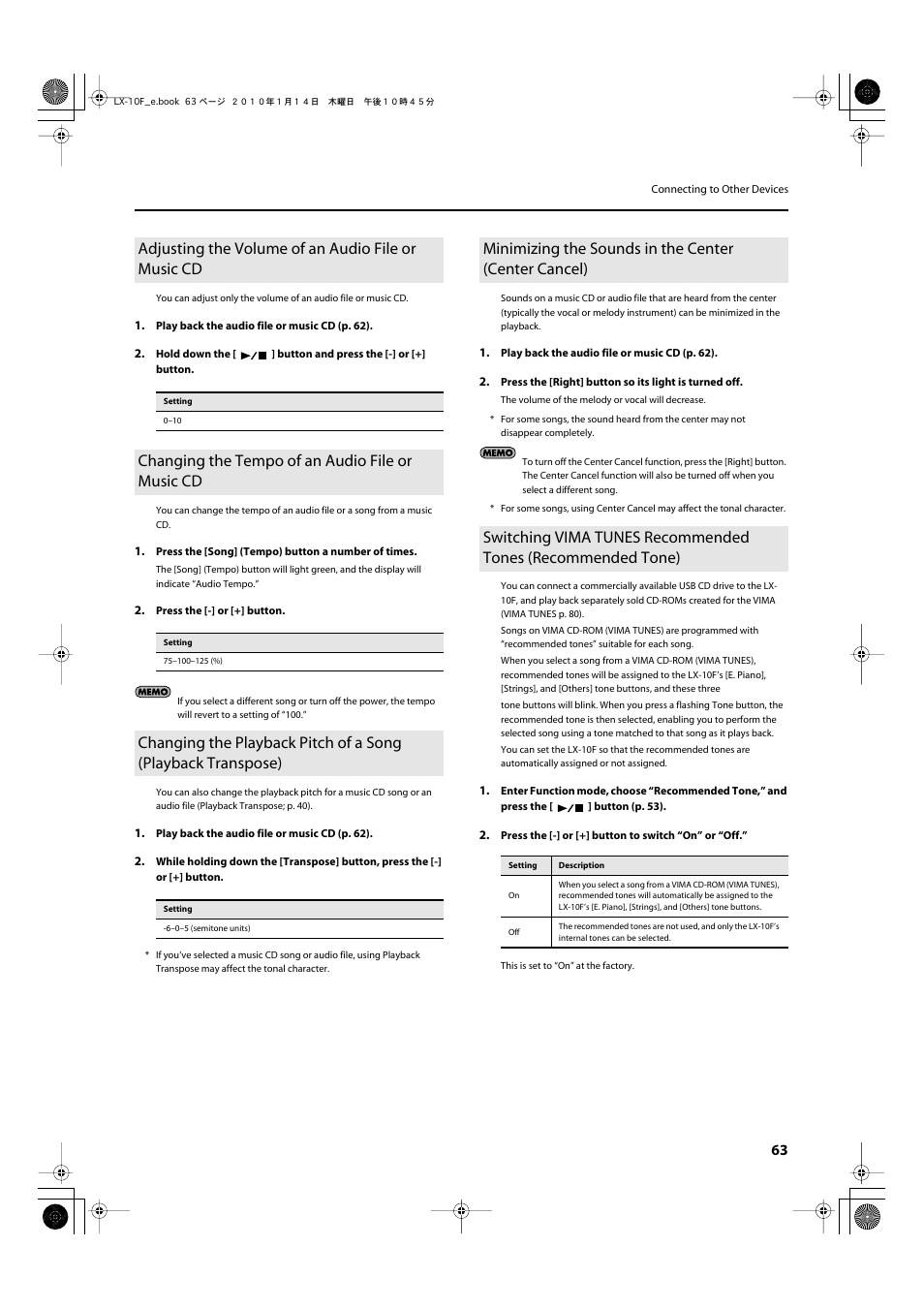 Adjusting the volume of an audio file or music cd, Changing the tempo of an audio file or music cd, P. 63 | Roland Digital Piano LX-10F User Manual | Page 63 / 88