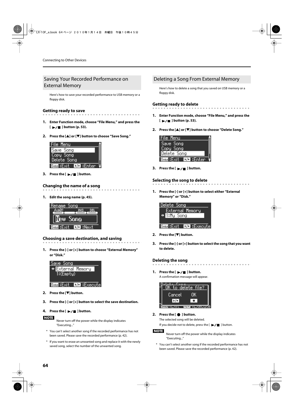 Deleting a song from external memory | Roland Digital Piano LX-10F User Manual | Page 64 / 88