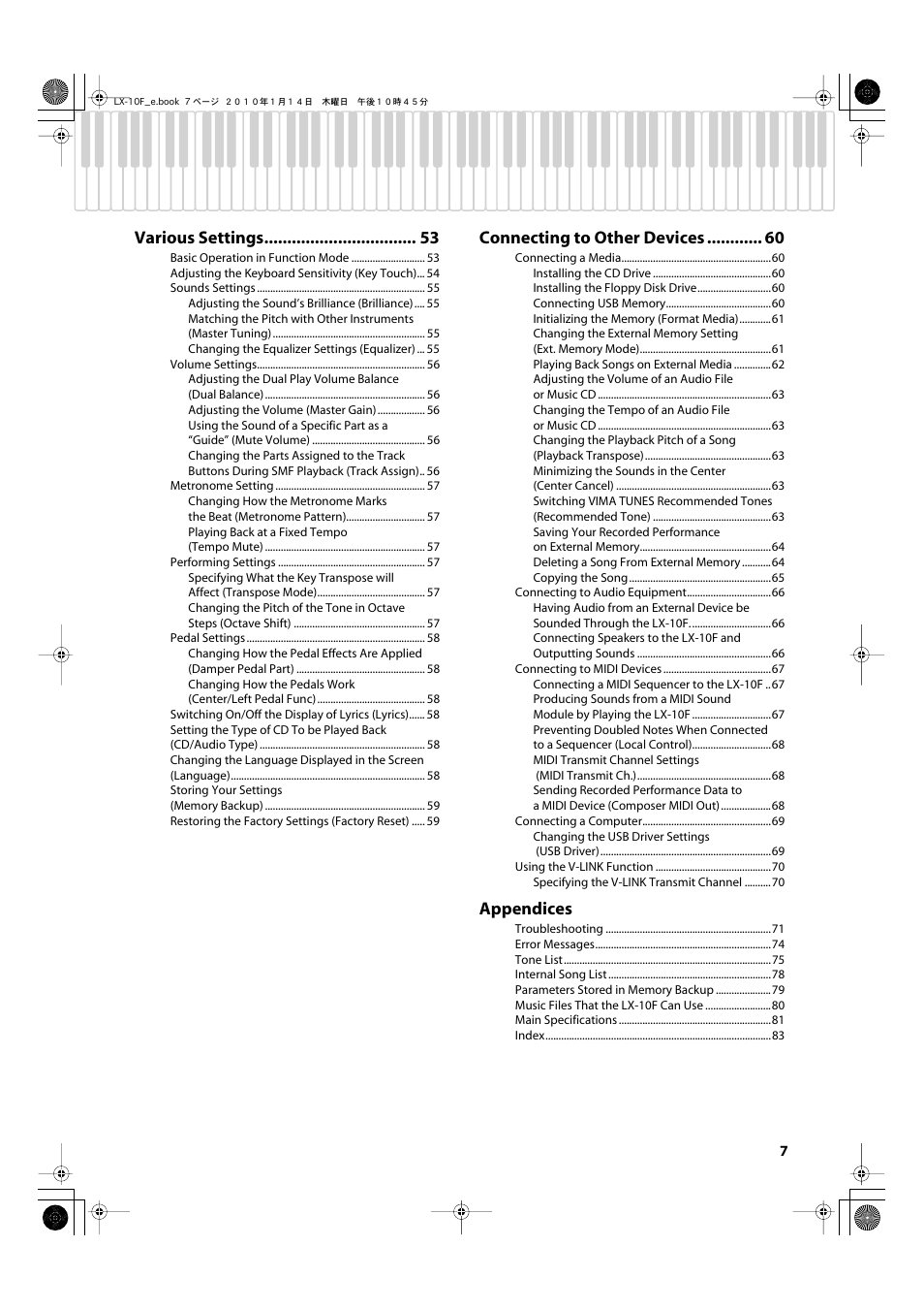 Various settings, Connecting to other devices, Appendices | Roland Digital Piano LX-10F User Manual | Page 7 / 88
