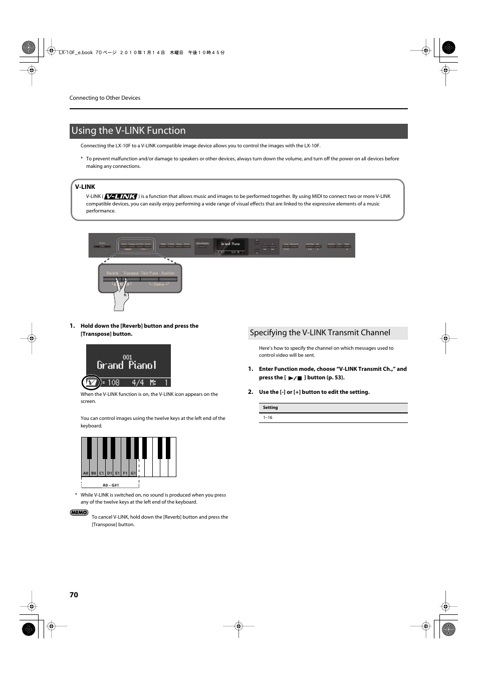 Using the v-link function, Specifying the v-link transmit channel, P. 70 | Roland Digital Piano LX-10F User Manual | Page 70 / 88