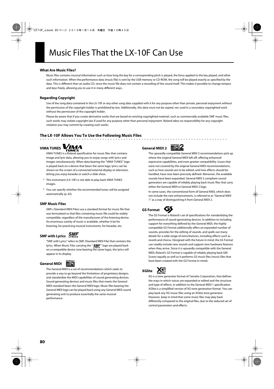 Music files that the lx-10f can use, Vima tunes p. 80) | Roland Digital Piano LX-10F User Manual | Page 80 / 88