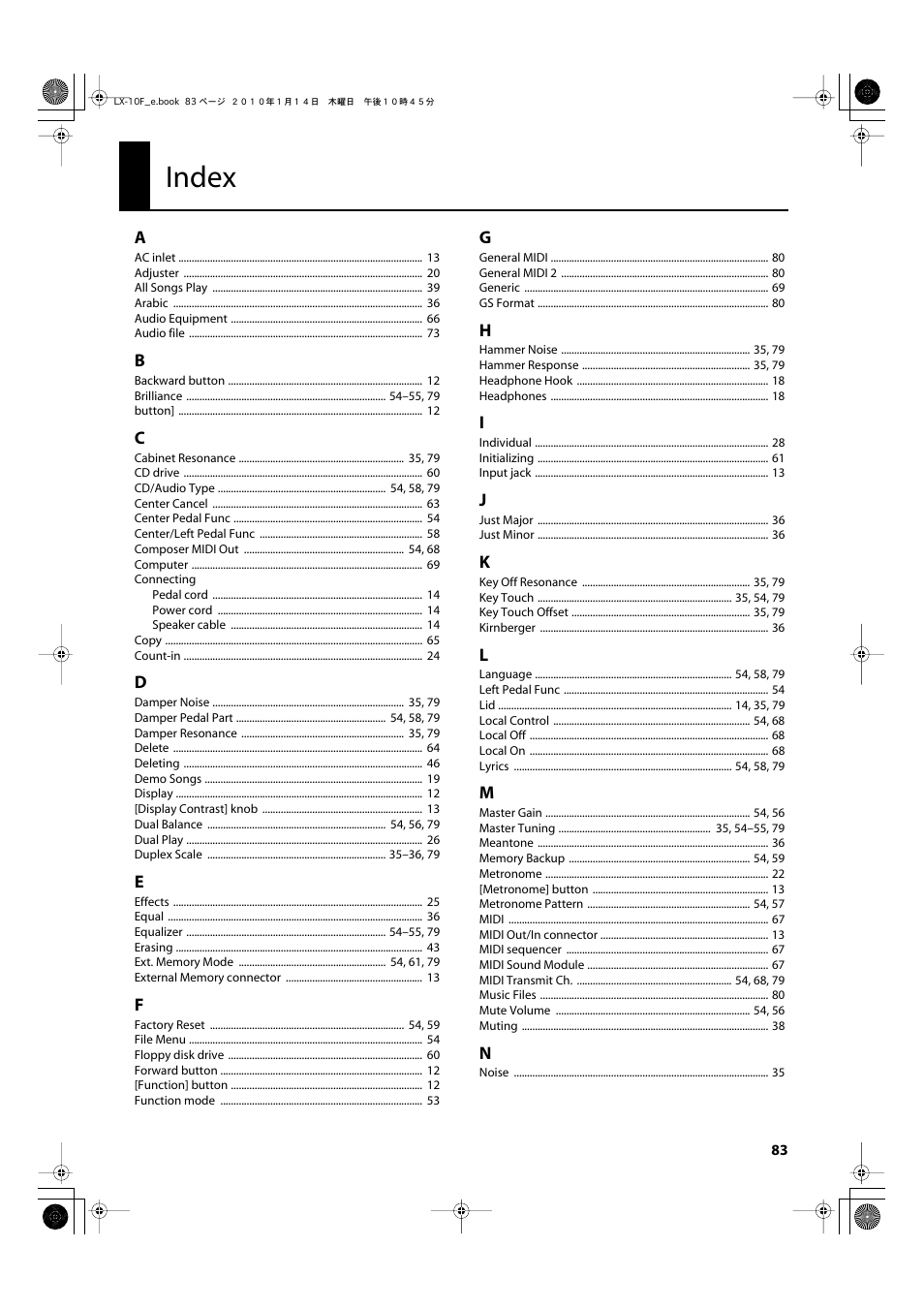 Index | Roland Digital Piano LX-10F User Manual | Page 83 / 88