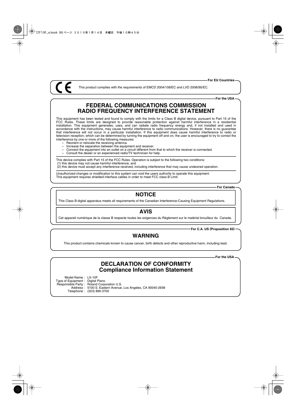 Notice avis, Warning | Roland Digital Piano LX-10F User Manual | Page 86 / 88