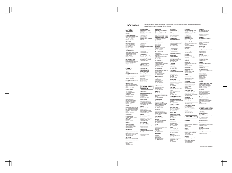 Information, Africa, Asia | Oceania, Central/latin america, Europe, Middle east, North america | Roland Digital Piano LX-10F User Manual | Page 87 / 88