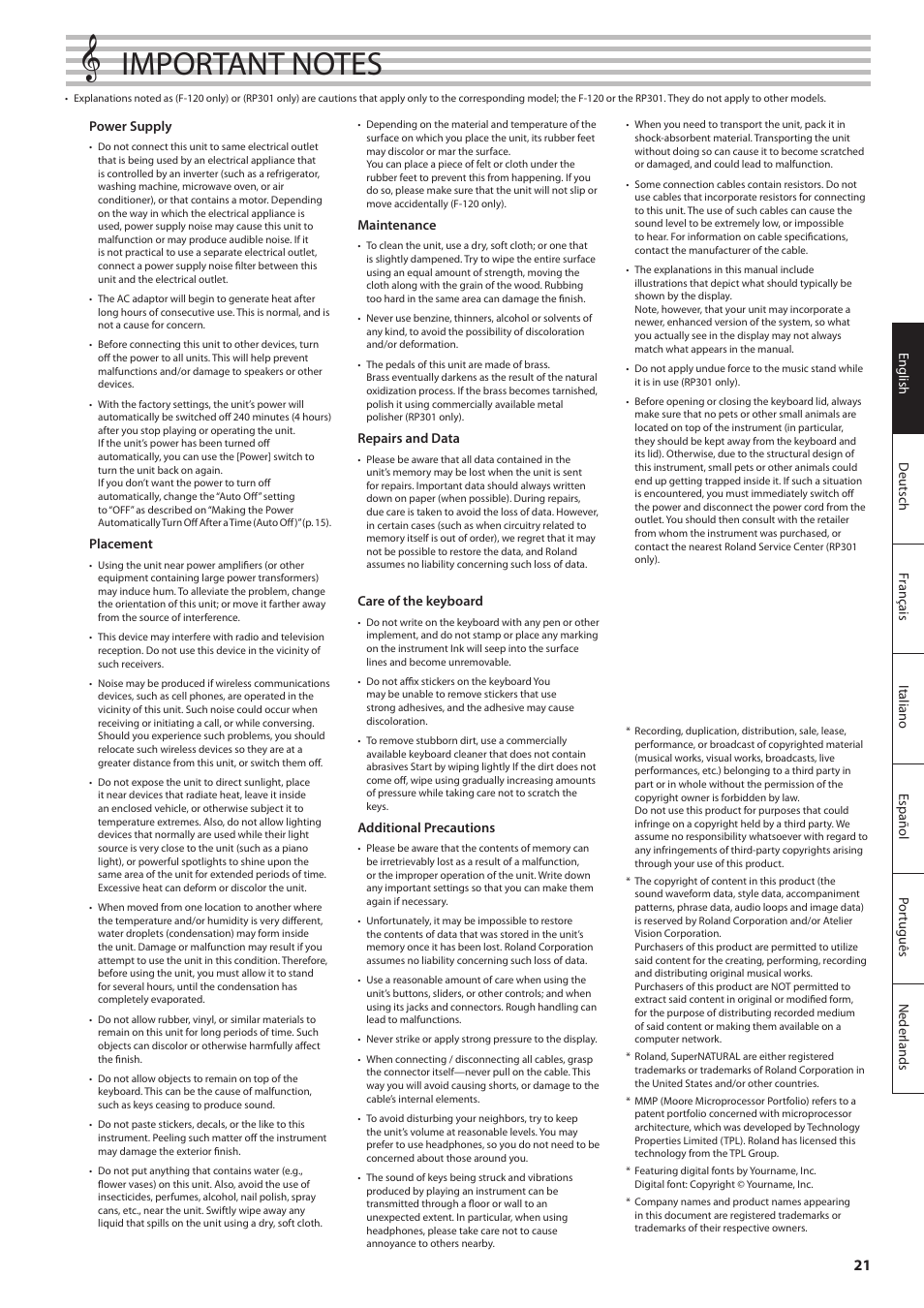 Roland DIGITAL PIANO RP301 User Manual | Page 21 / 28