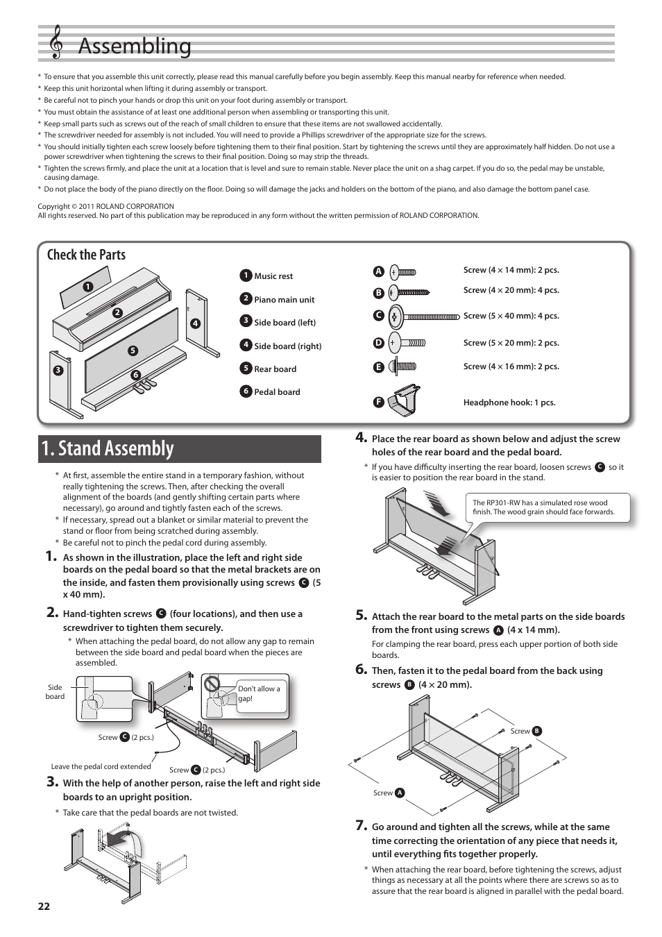 Assembling the rp301, Assembling, Assembling the piano | Stand assembly, When moving the unit, About ground terminal, Check the parts | Roland DIGITAL PIANO RP301 User Manual | Page 22 / 28