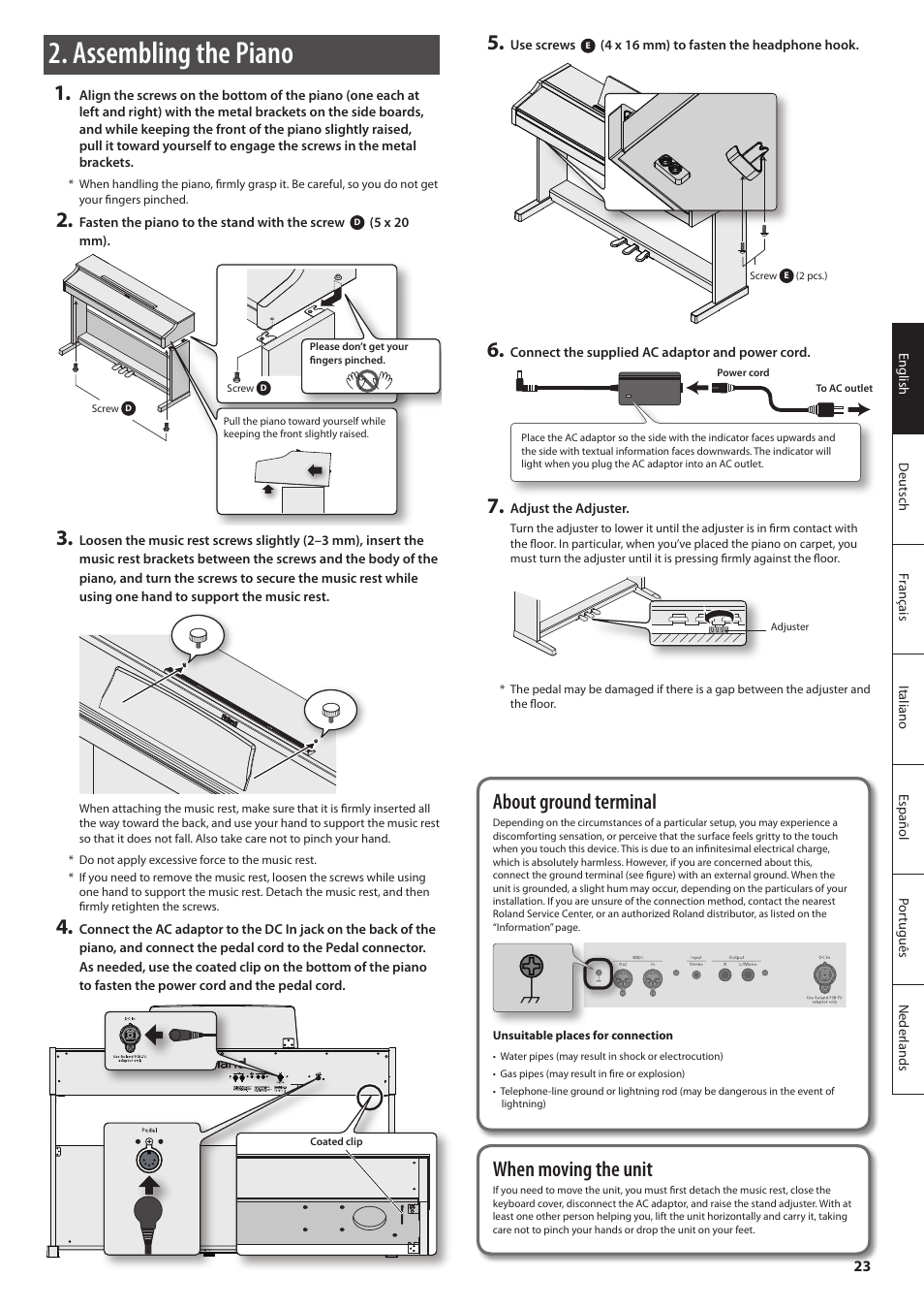 Assembling the rp301, Assembling the piano, Stand assembly | When moving the unit, About ground terminal, Check the parts | Roland DIGITAL PIANO RP301 User Manual | Page 23 / 28