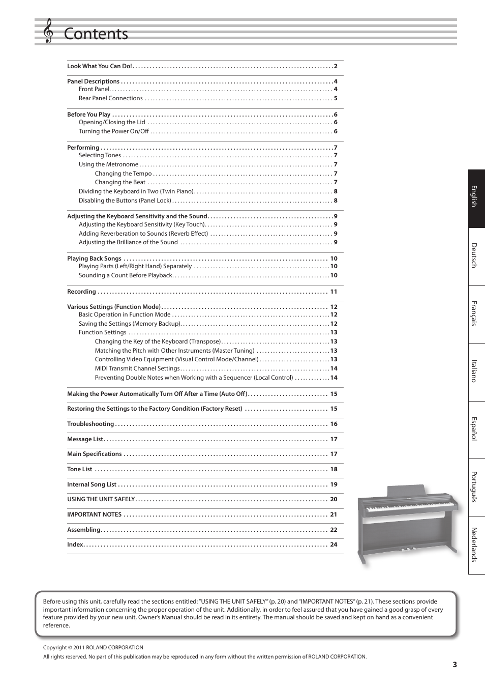 Roland DIGITAL PIANO RP301 User Manual | Page 3 / 28