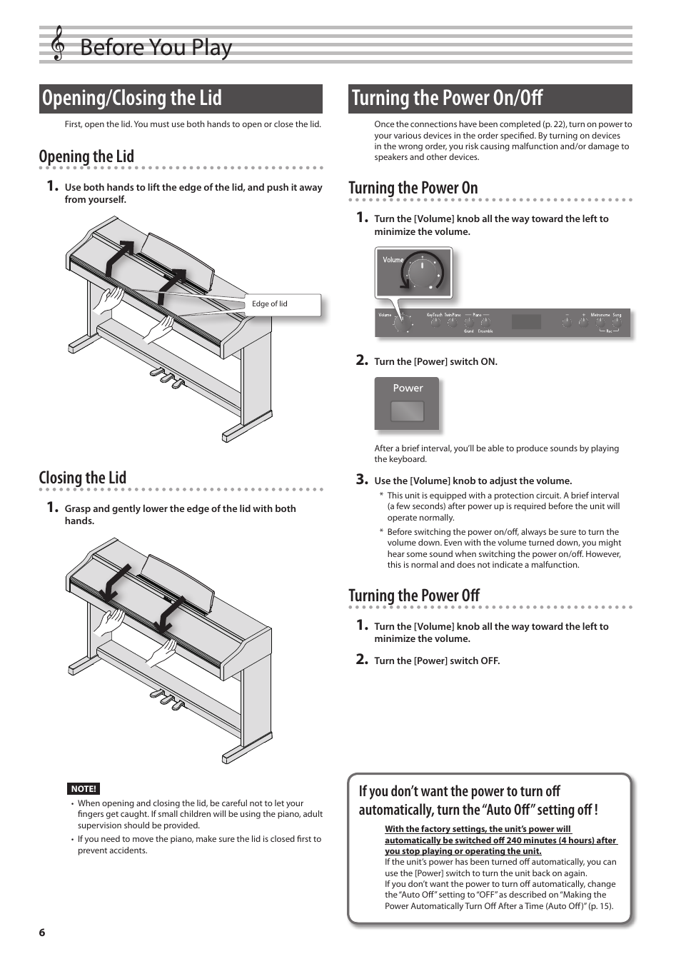 Before you play, Opening/closing the lid, Turning the power on/off | Opening/closing the lid turning the power on/off, Turning the power on, Turning the power off, Opening the lid, Closing the lid | Roland DIGITAL PIANO RP301 User Manual | Page 6 / 28