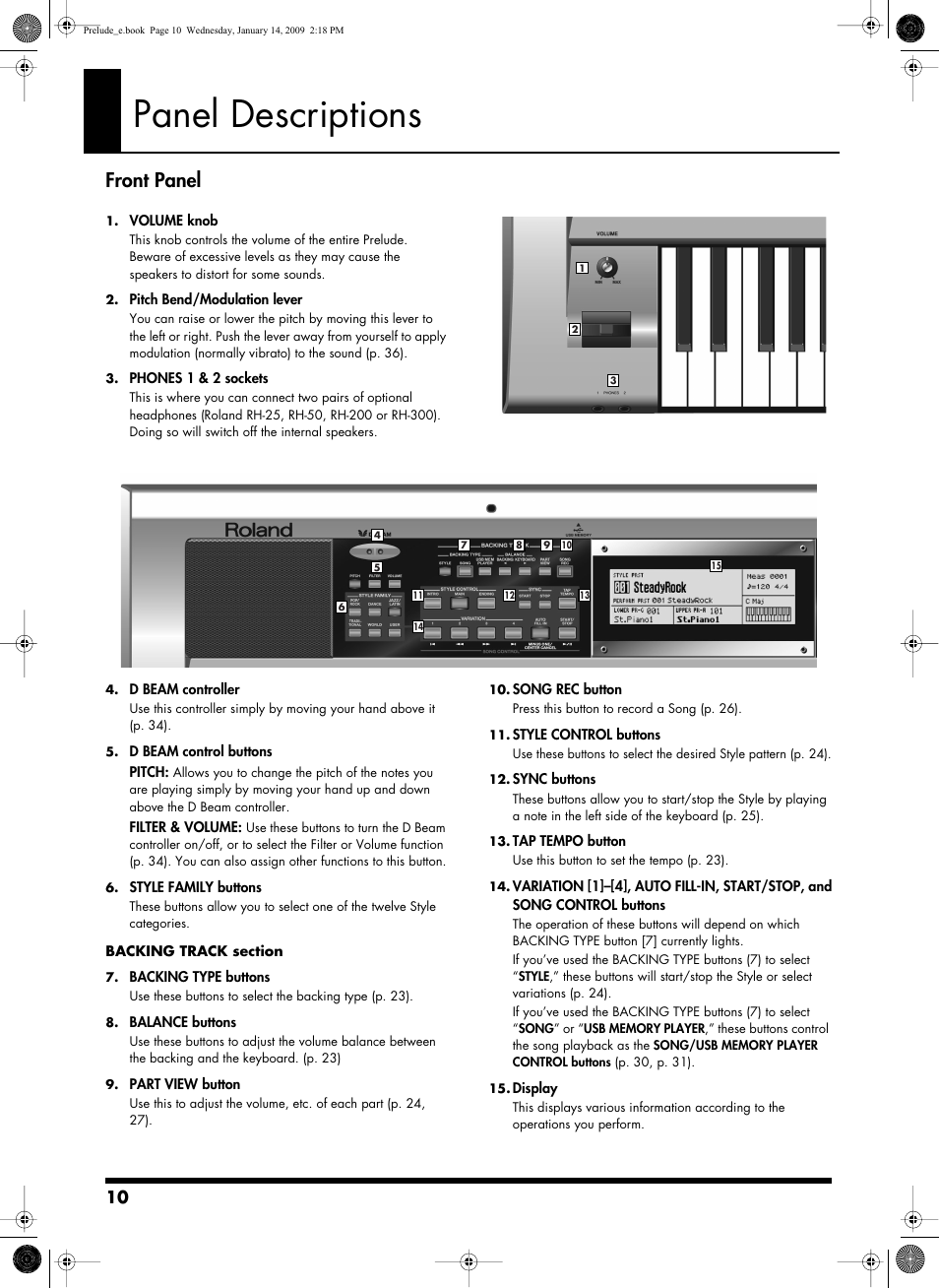 Panel descriptions, Front panel | Roland Prelude User Manual | Page 10 / 112