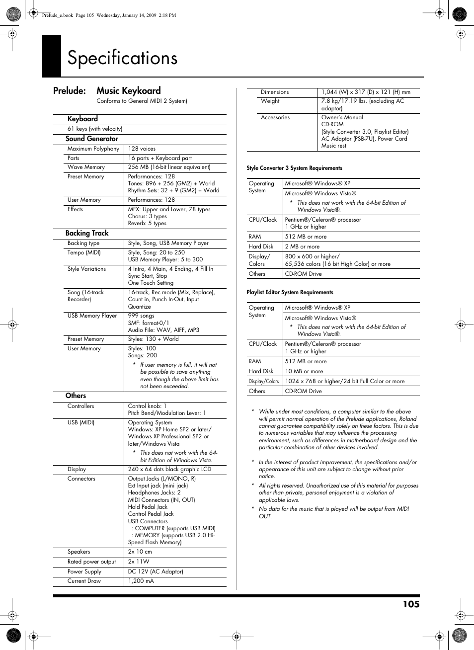 Specifications, Prelude: music keykoard | Roland Prelude User Manual | Page 105 / 112