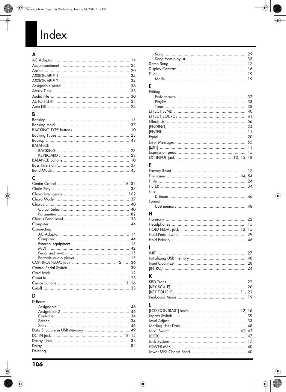 Index | Roland Prelude User Manual | Page 106 / 112