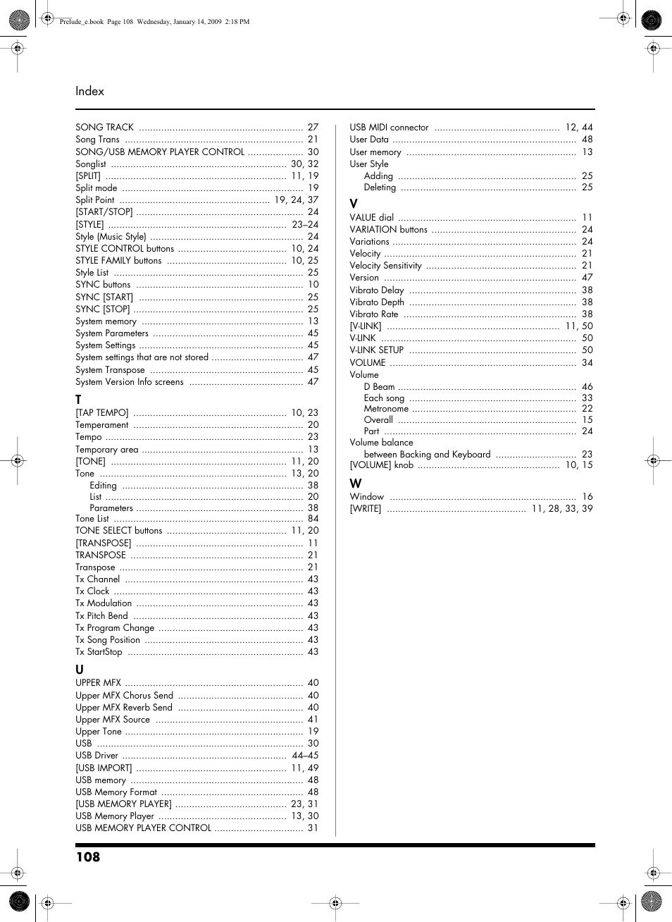 108 index | Roland Prelude User Manual | Page 108 / 112