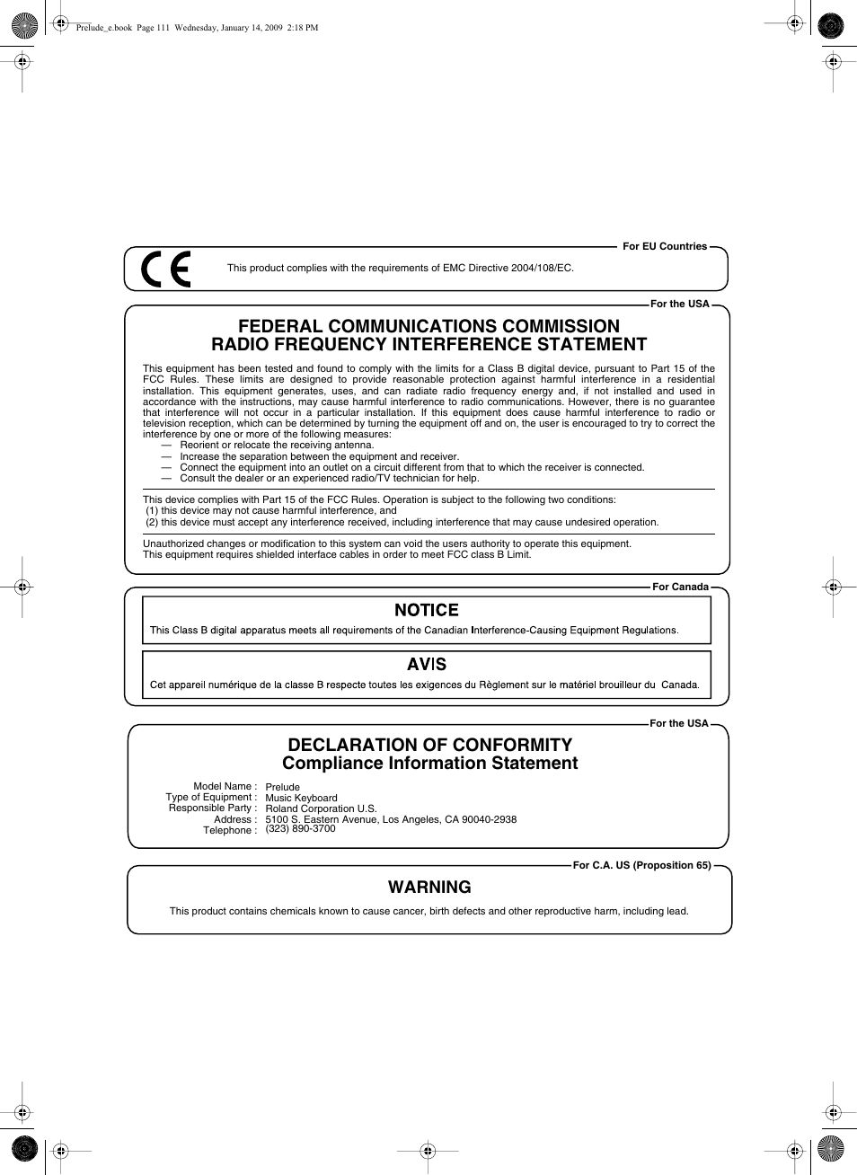 Warning | Roland Prelude User Manual | Page 111 / 112