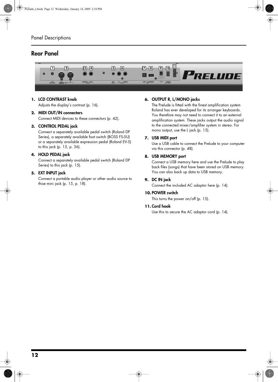 Rear panel, 12 panel descriptions | Roland Prelude User Manual | Page 12 / 112