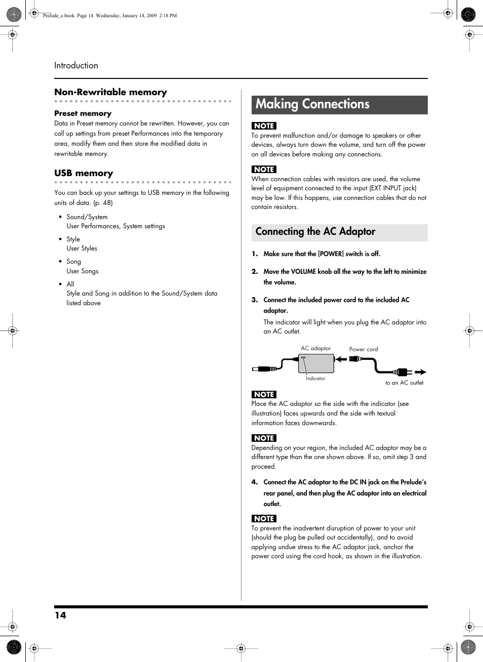 Making connections, Connecting the ac adaptor, Connect the included ac adaptor here (p. 14) | Use this to secure the ac adaptor cord (p. 14) | Roland Prelude User Manual | Page 14 / 112