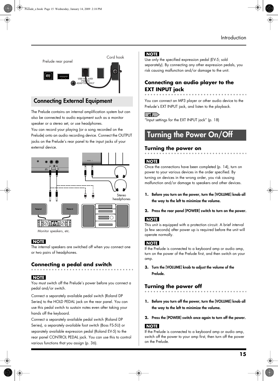 Connecting external equipment, Connecting a pedal and switch, Connecting an audio player to the extinput jack | Turning the power on/off, Turning the power on, Turning the power off, Connecting an audio player to the ext input jack, To this jack (p. 15, p. 36), Series) to this jack (p. 15), Thise mini jack (p. 15, p. 18) | Roland Prelude User Manual | Page 15 / 112