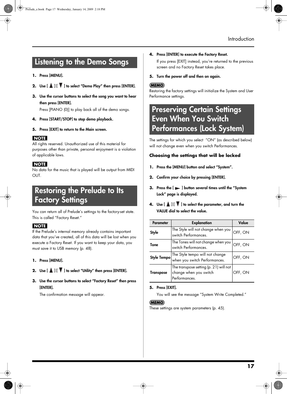 Listening to the demo songs, Restoring the prelude to its factory settings, 17 introduction | Roland Prelude User Manual | Page 17 / 112