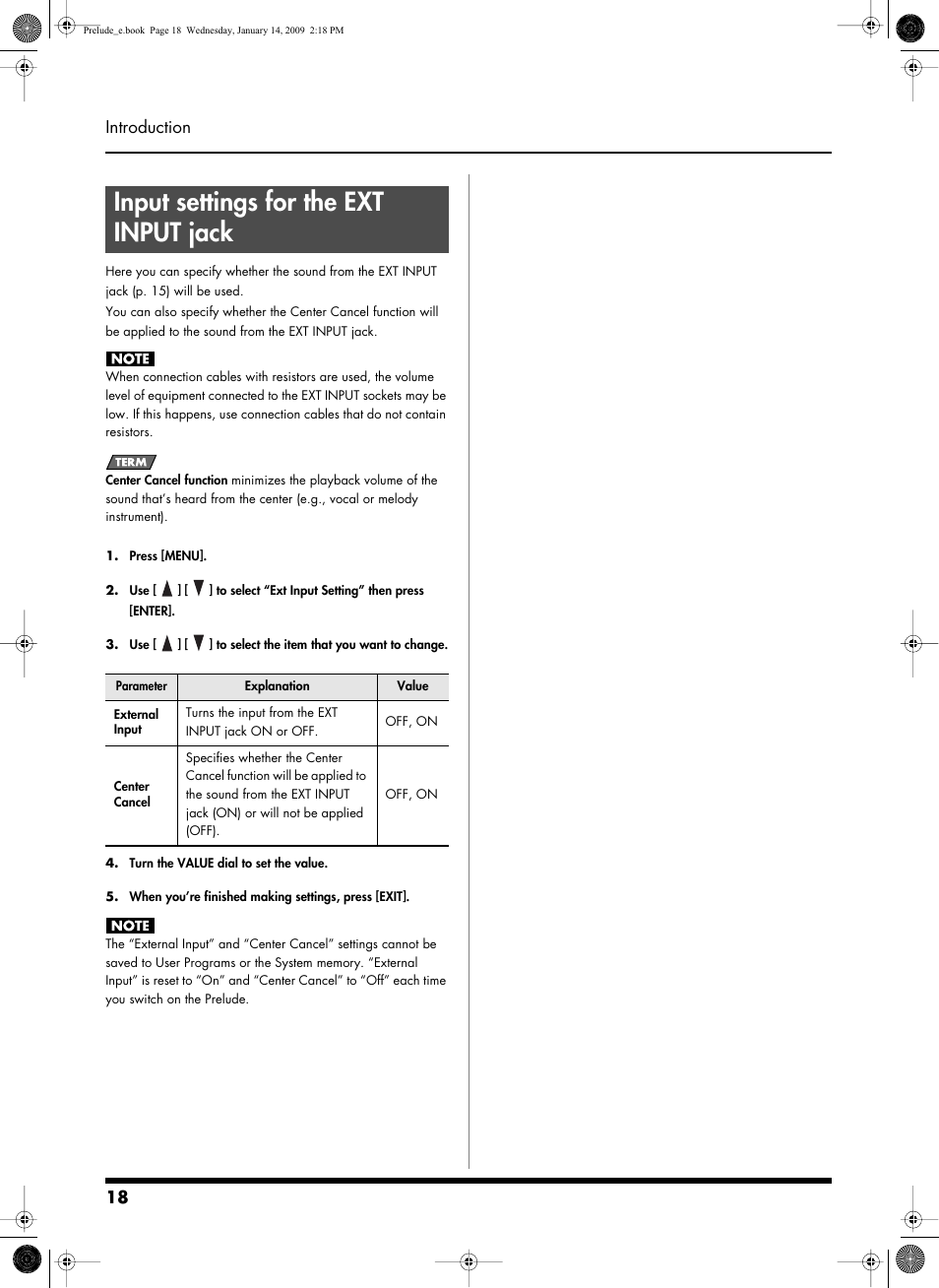 Input settings for the ext input jack, 18 introduction | Roland Prelude User Manual | Page 18 / 112