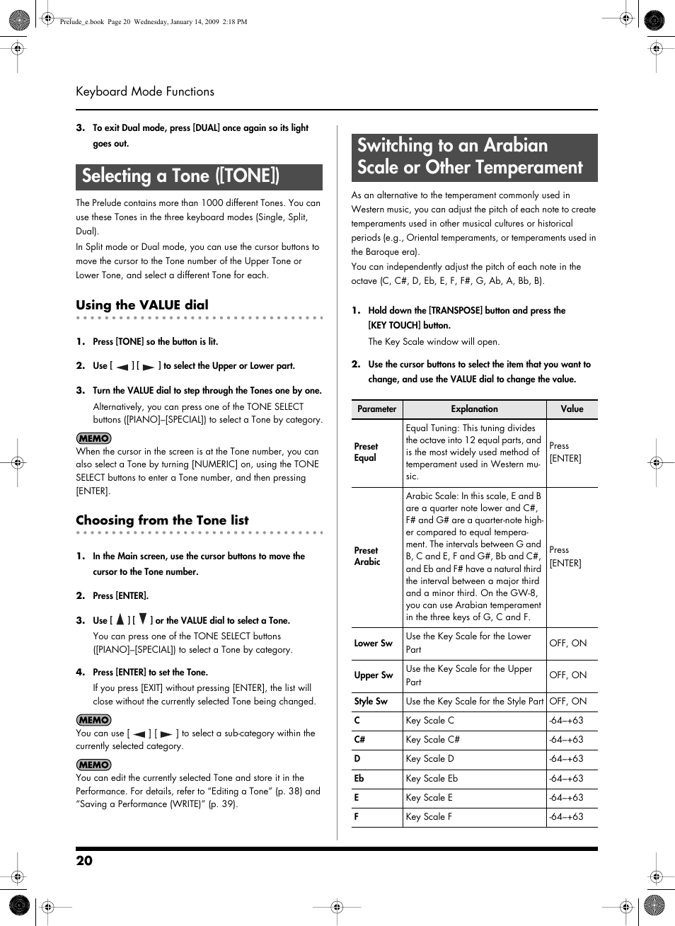 Selecting a tone ([tone]), Using the value dial, Choosing from the tone list | Switching to an arabian scale or other temperament, What is a tone? (p. 20), 20 keyboard mode functions | Roland Prelude User Manual | Page 20 / 112