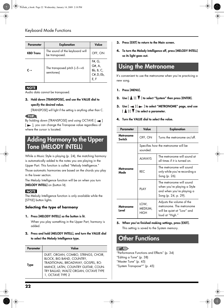 Adding harmony to the upper tone (melodyintell), Using the metronome, Other functions | Adding harmony to the upper tone (melody intell), 22 keyboard mode functions | Roland Prelude User Manual | Page 22 / 112