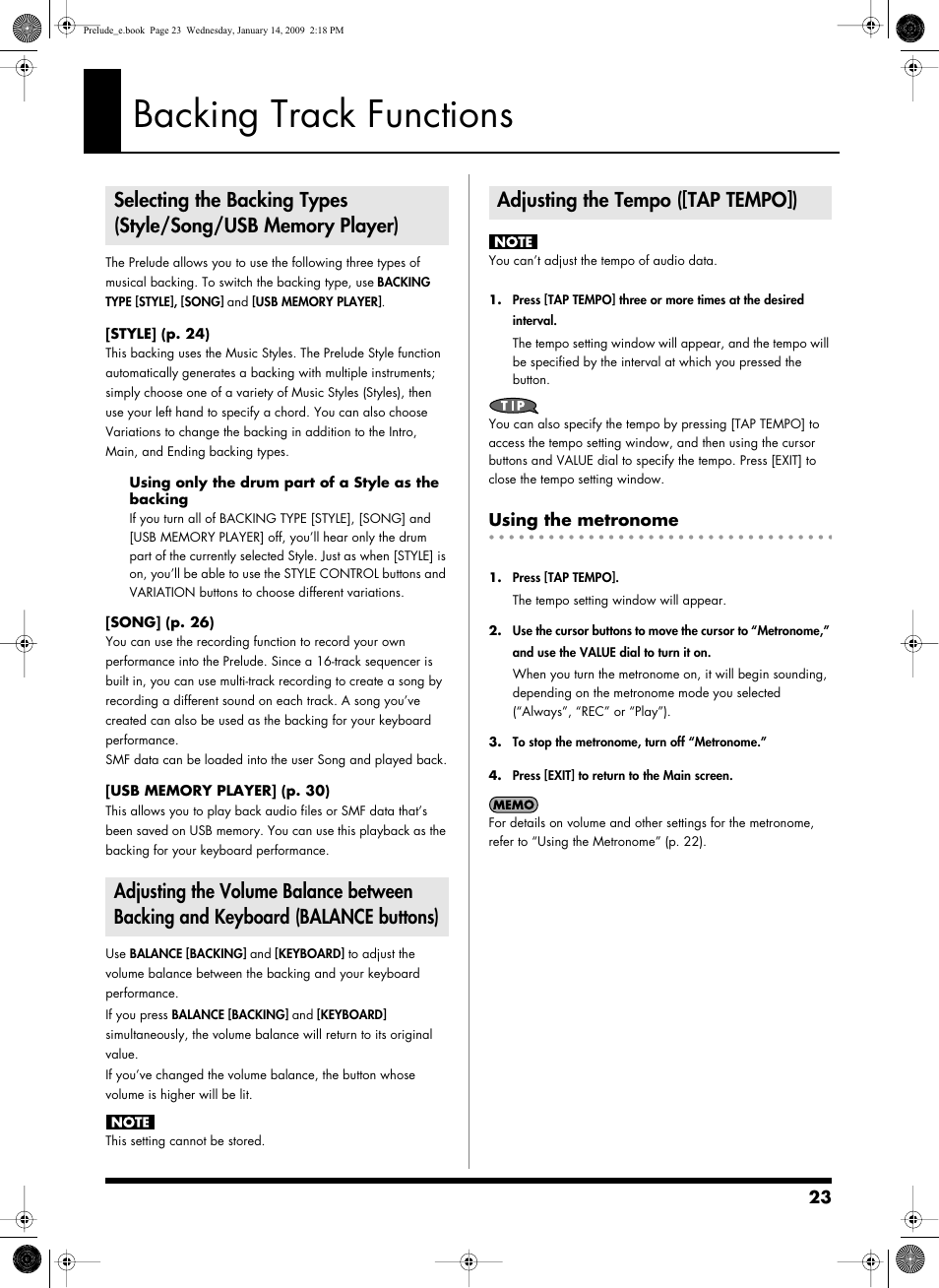 Backing track functions, Adjusting the tempo ([tap tempo]), Using the metronome | The backing and the keyboard. (p. 23), Use this button to set the tempo (p. 23), What is backing? (p. 23) | Roland Prelude User Manual | Page 23 / 112