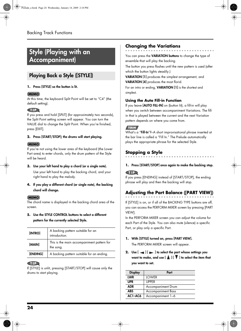 Style (playing with an accompaniment), Playing back a style ([style]), Changing the variations | Stopping a style, Adjusting the part balance ([part view]), P. 24), Variations (p. 24), What is a music style? (p. 24), Song (p. 24, p. 29), Style] (p. 24) | Roland Prelude User Manual | Page 24 / 112