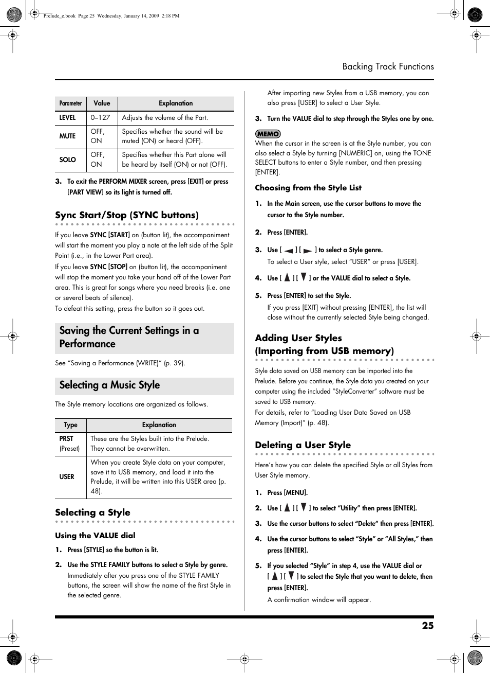 Sync start/stop (sync buttons), Saving the current settings in a performance, Selecting a music style | Selecting a style, Adding user styles (importing from usb memory), Deleting a user style, A note in the left side of the keyboard (p. 25), 25 backing track functions | Roland Prelude User Manual | Page 25 / 112