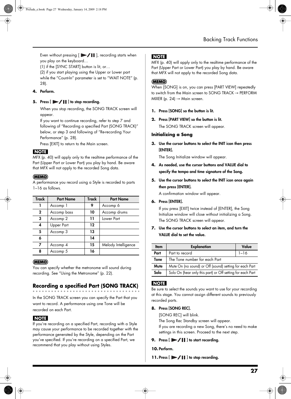 Recording a specified part (song track), 27 backing track functions | Roland Prelude User Manual | Page 27 / 112