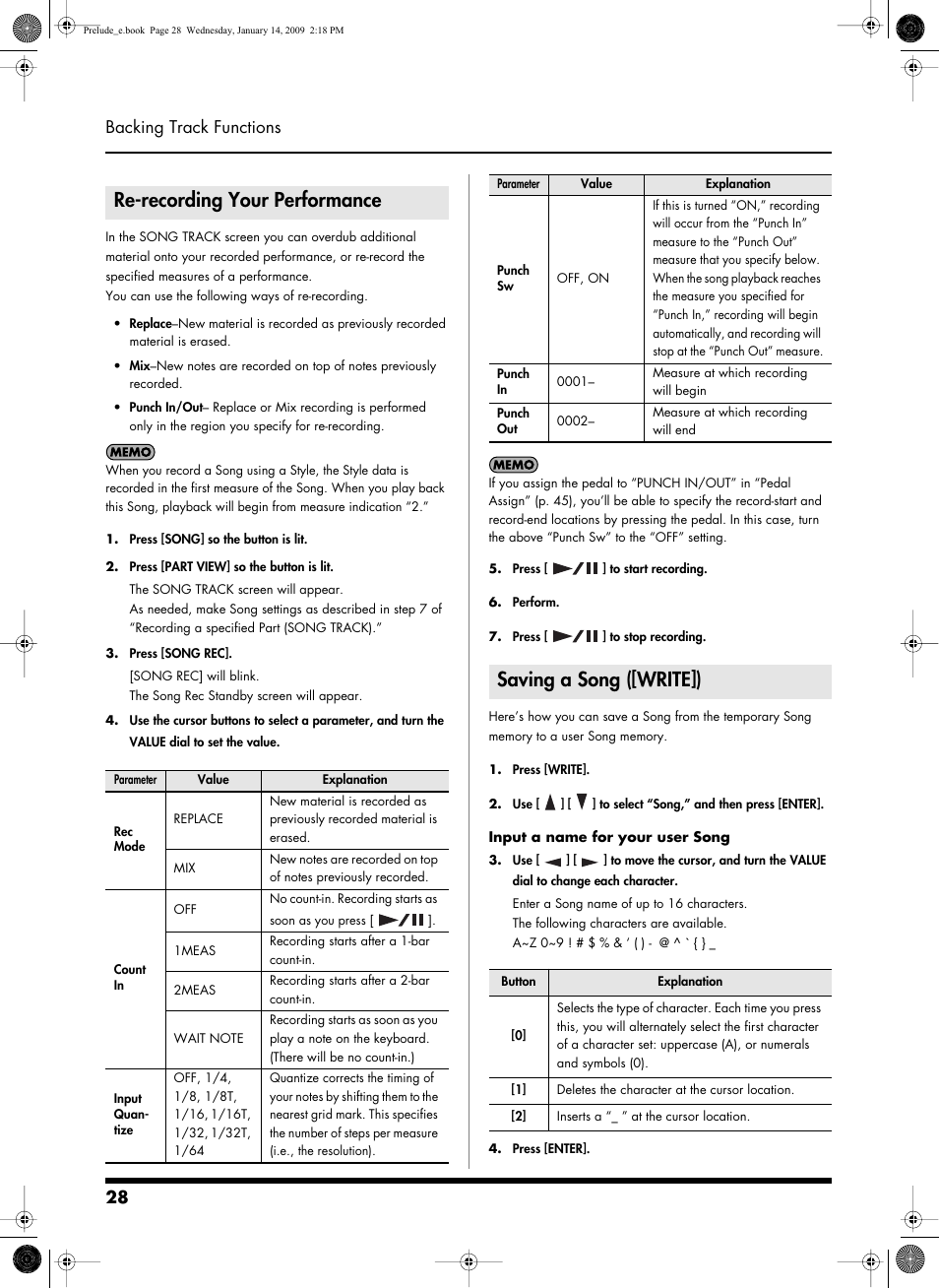 Re-recording your performance, Saving a song ([write]), P. 28, 39) | 28 backing track functions | Roland Prelude User Manual | Page 28 / 112