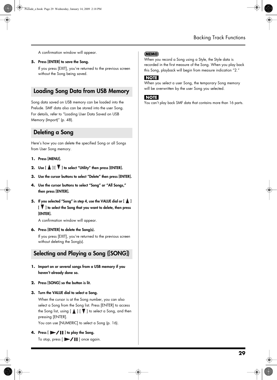 Loading song data from usb memory, Deleting a song, Selecting and playing a song ([song]) | 29 backing track functions | Roland Prelude User Manual | Page 29 / 112