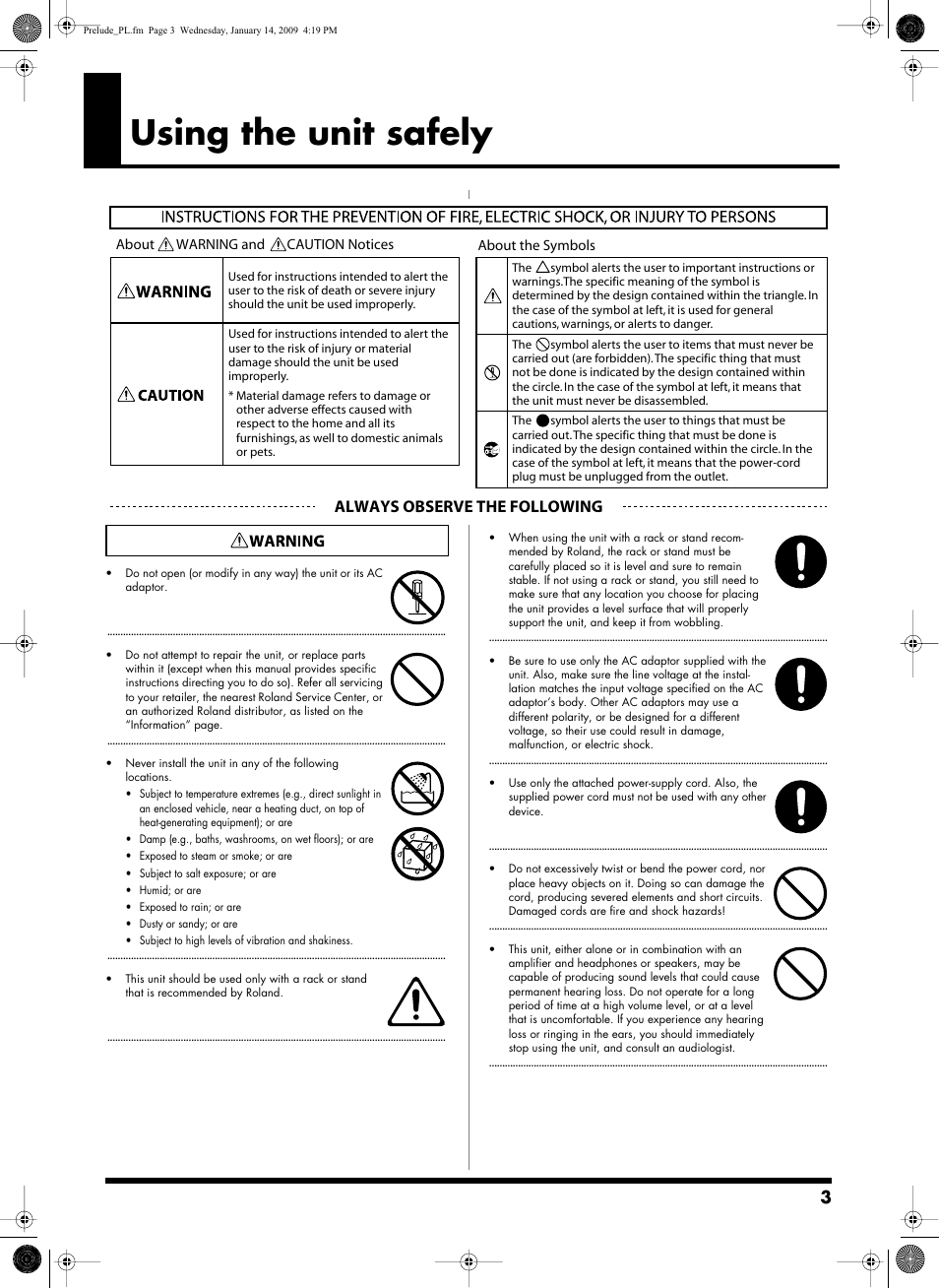 Using the unit safely, Always observe the following | Roland Prelude User Manual | Page 3 / 112