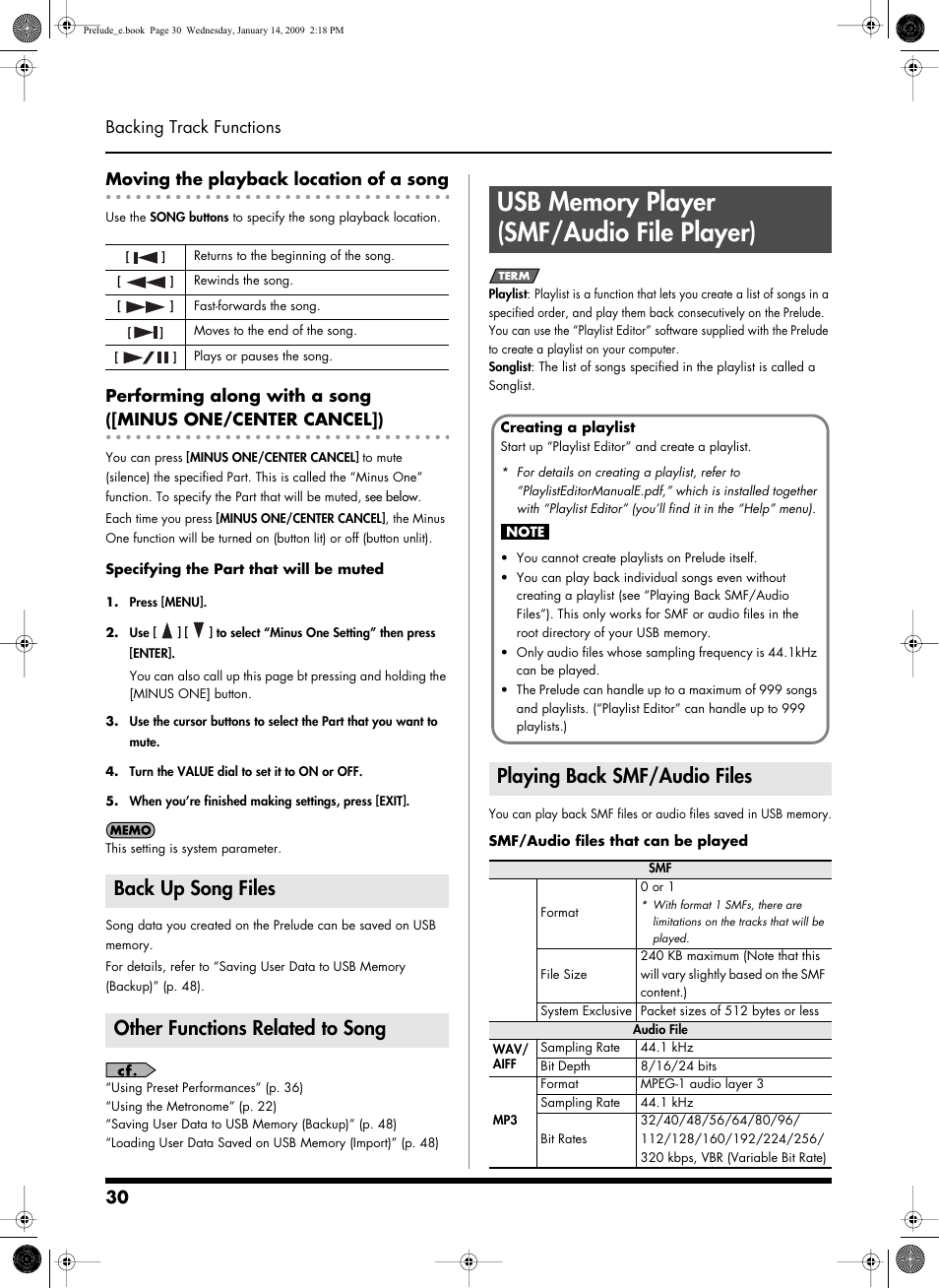 Moving the playback location of a song, Back up song files, Other functions related to song | Usb memory player (smf/audio file player), Playing back smf/audio files, P. 30, p. 31), What is a usb memory player? (p. 30), Usb memory player] (p. 30), Back up song files other functions related to song | Roland Prelude User Manual | Page 30 / 112