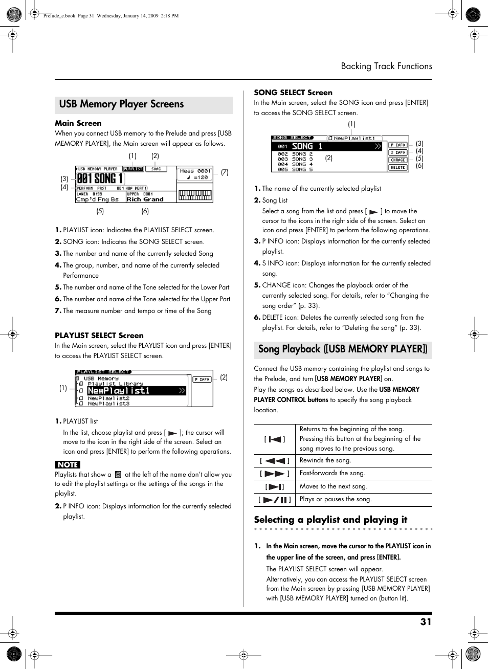 Usb memory player screens, Song playback ([usb memory player]), Selecting a playlist and playing it | 31 backing track functions | Roland Prelude User Manual | Page 31 / 112