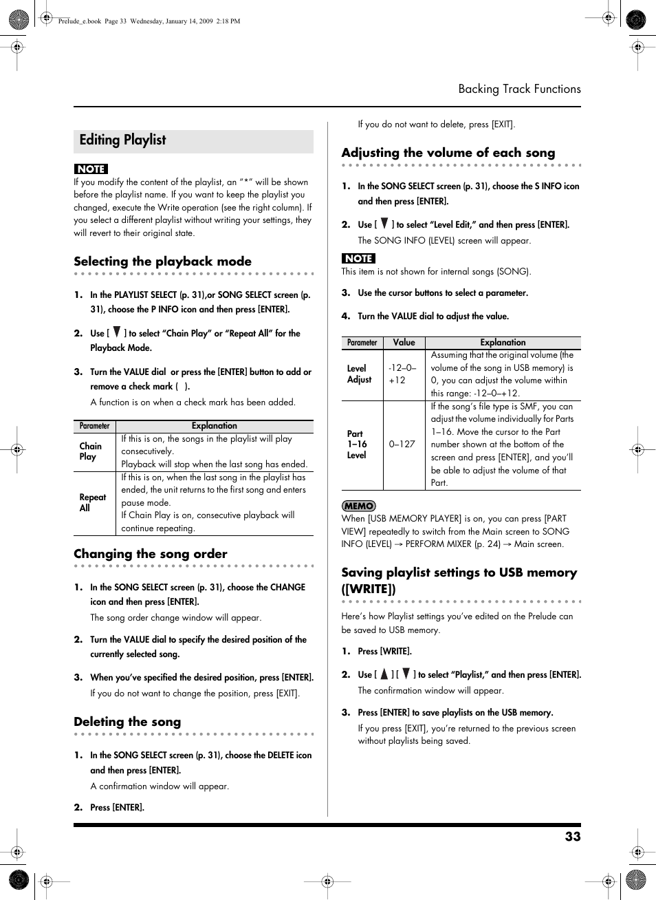 Editing playlist, Selecting the playback mode, Changing the song order | Deleting the song, Adjusting the volume of each song, Saving playlist settings to usb memory ([write]), 33 backing track functions | Roland Prelude User Manual | Page 33 / 112